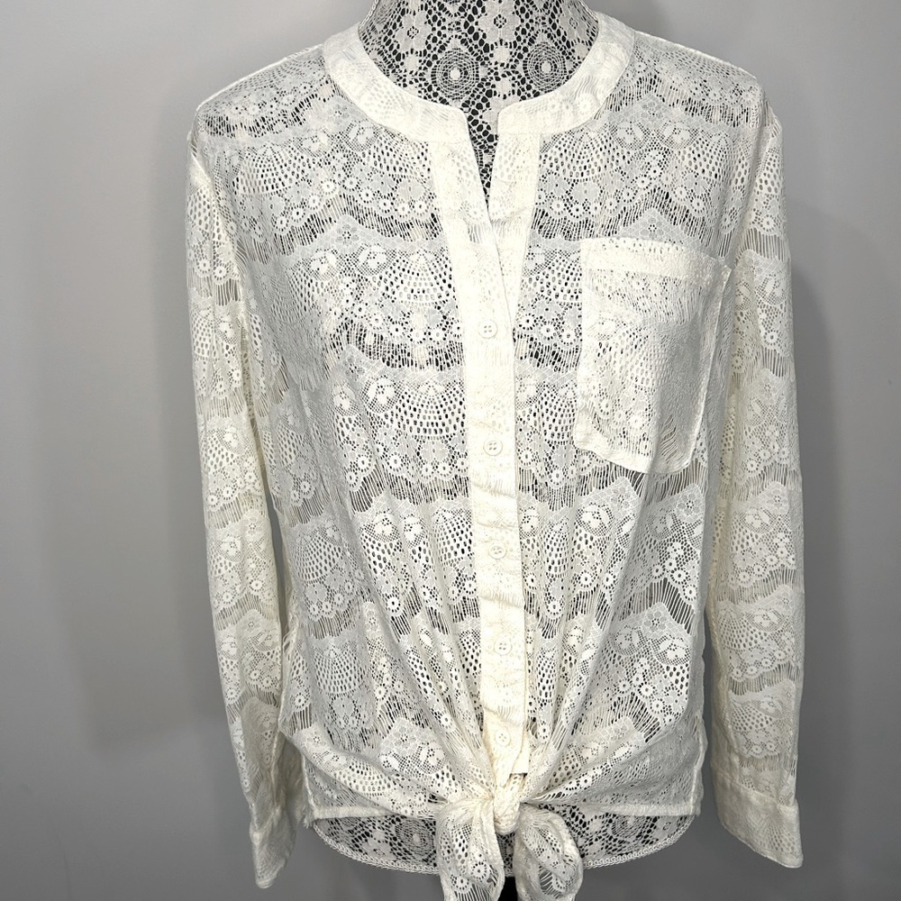 Bellatrix lace tie bottom long sleeve button front boho inspired sheer blouse